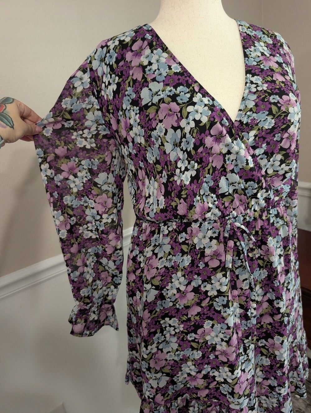 Blue And Purple Floral Dress With Long Sleeves, Size XL - Picture 3 of 7